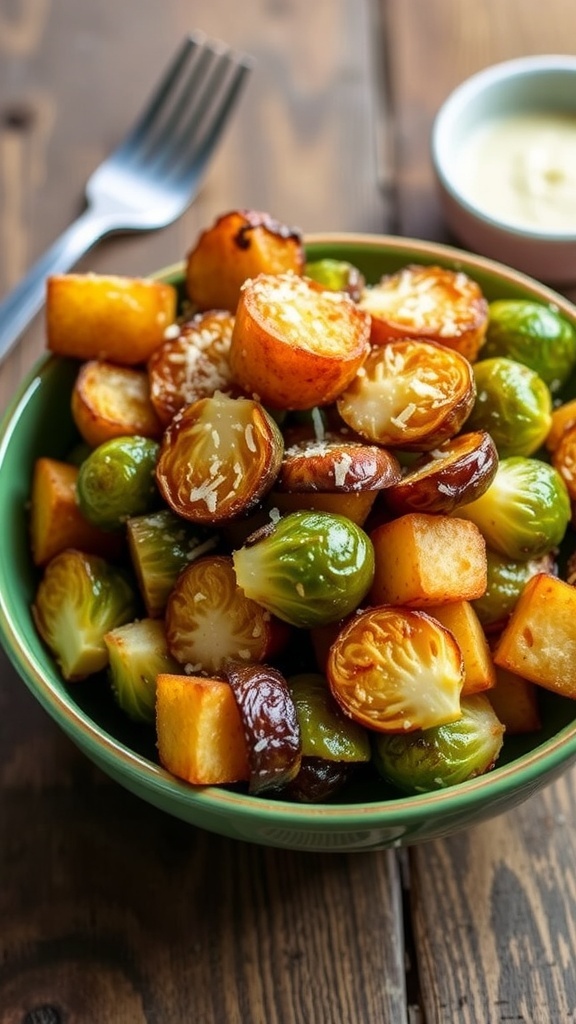 A bowl of crispy air-fried potatoes and Brussels sprouts garnished with Parmesan cheese.